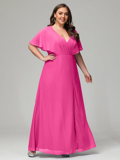 V-Neck Short Sleeves Plus Size Chiffon Bridesmaid Dresses