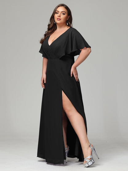V-Neck Short Sleeves Plus Size Chiffon Bridesmaid Dresses