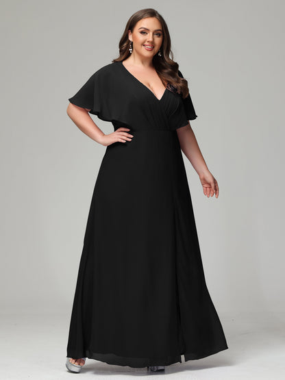 V-Neck Short Sleeves Plus Size Chiffon Bridesmaid Dresses