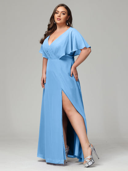 V-Neck Short Sleeves Plus Size Chiffon Bridesmaid Dresses