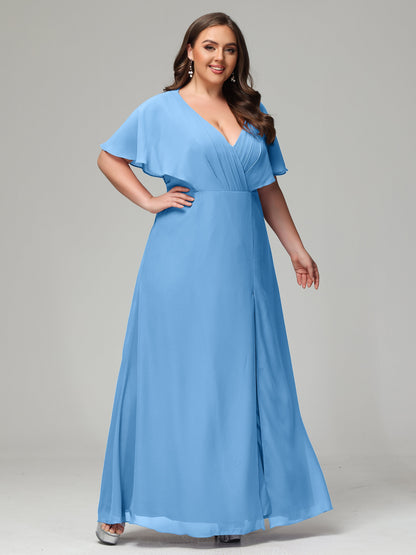 V-Neck Short Sleeves Plus Size Chiffon Bridesmaid Dresses
