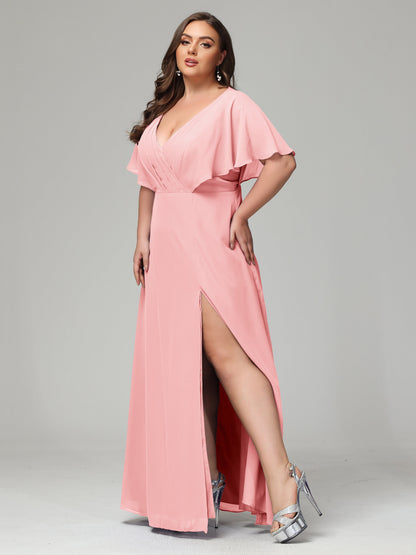 V-Neck Short Sleeves Plus Size Chiffon Bridesmaid Dresses