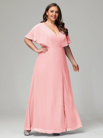 V-Neck Short Sleeves Plus Size Chiffon Bridesmaid Dresses
