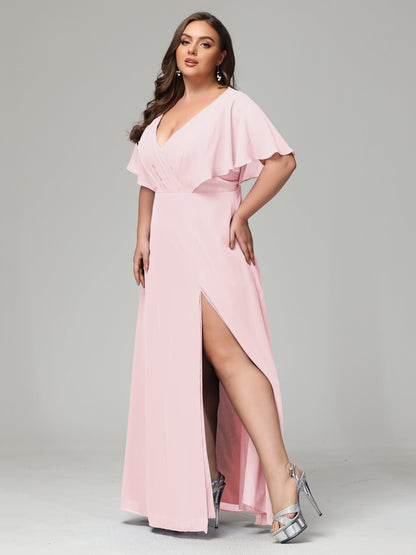 V-Neck Short Sleeves Plus Size Chiffon Bridesmaid Dresses