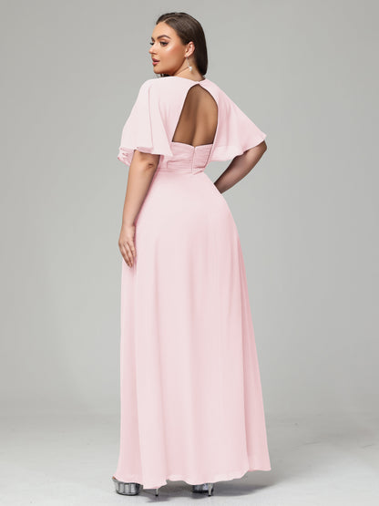 V-Neck Short Sleeves Plus Size Chiffon Bridesmaid Dresses