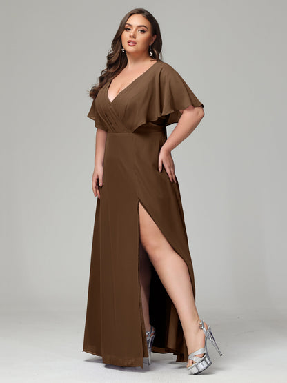 V-Neck Short Sleeves Plus Size Chiffon Bridesmaid Dresses