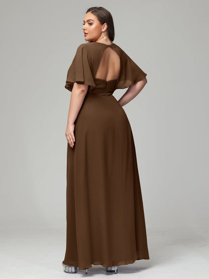 V-Neck Short Sleeves Plus Size Chiffon Bridesmaid Dresses