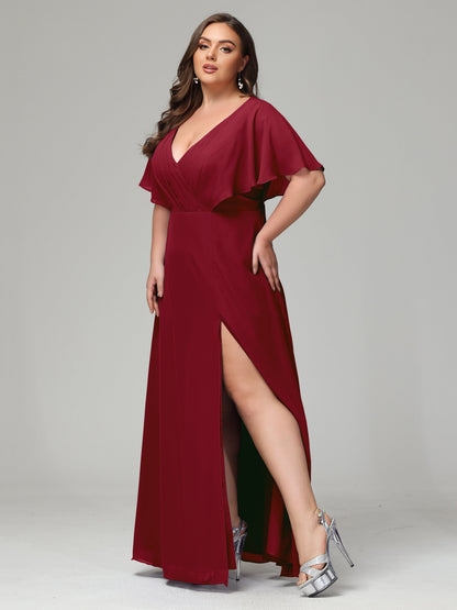 V-Neck Short Sleeves Plus Size Chiffon Bridesmaid Dresses