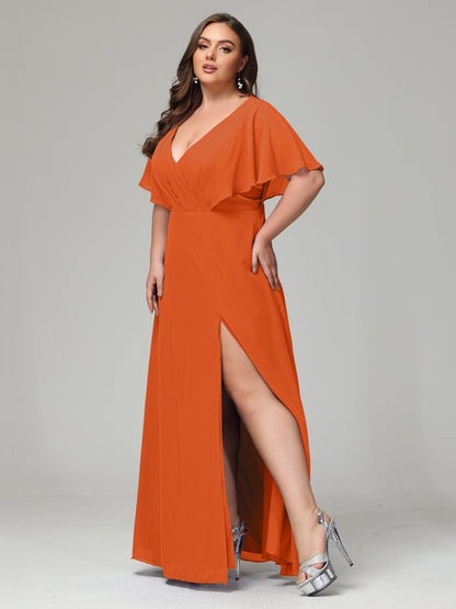 V-Neck Short Sleeves Plus Size Chiffon Bridesmaid Dresses