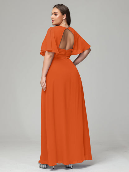 V-Neck Short Sleeves Plus Size Chiffon Bridesmaid Dresses