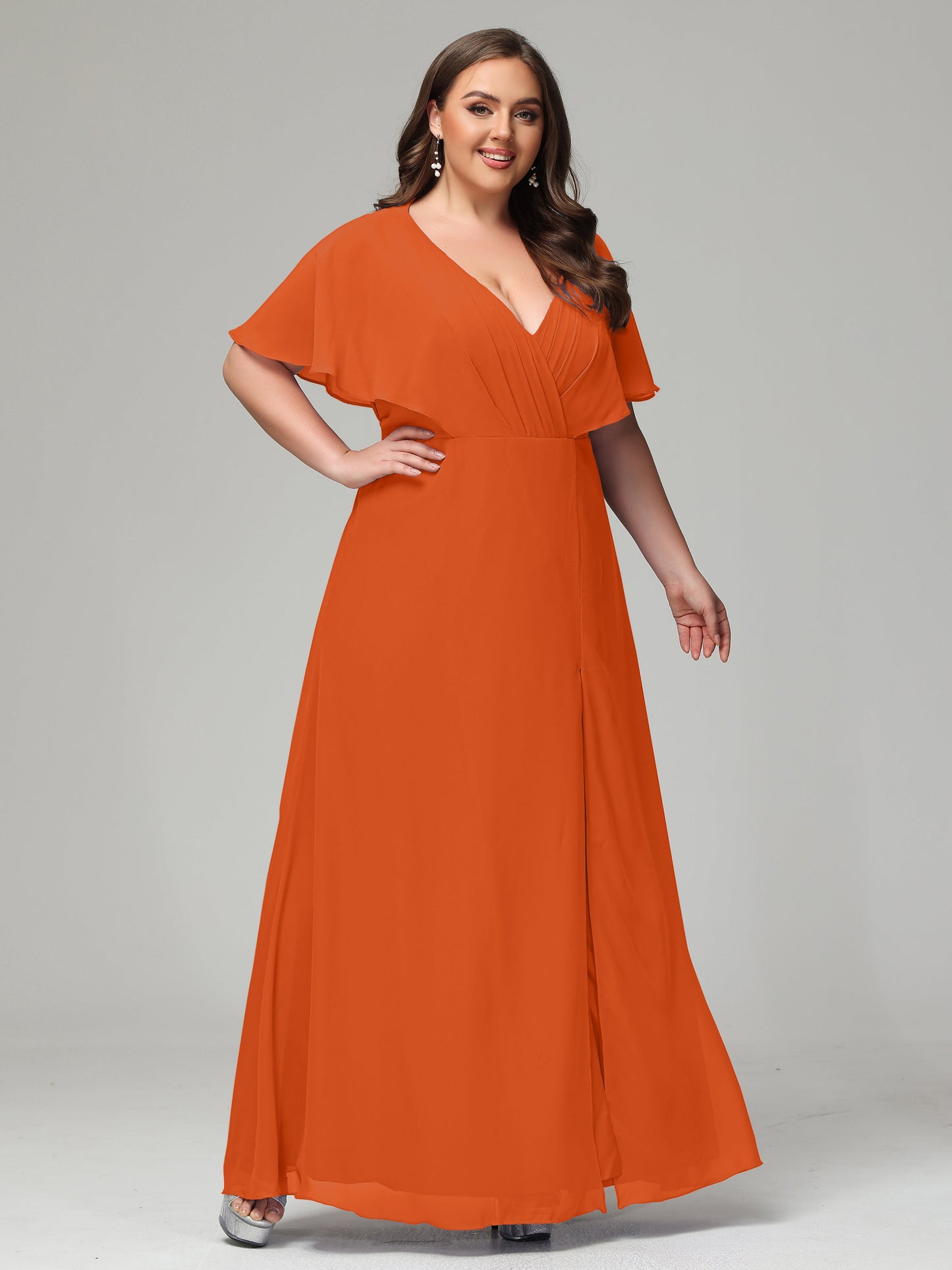 V-Neck Short Sleeves Plus Size Chiffon Bridesmaid Dresses