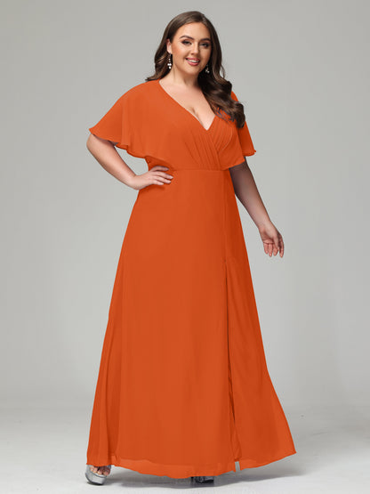 V-Neck Short Sleeves Plus Size Chiffon Bridesmaid Dresses