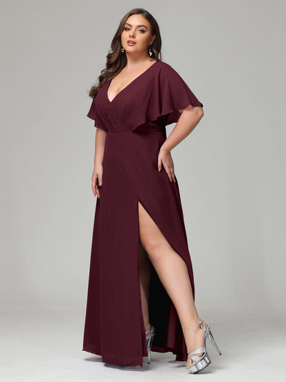 V-Neck Short Sleeves Plus Size Chiffon Bridesmaid Dresses