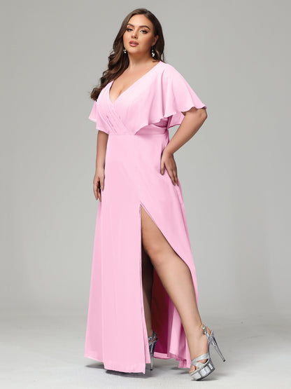 V-Neck Short Sleeves Plus Size Chiffon Bridesmaid Dresses