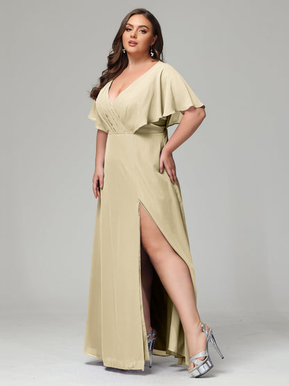 V-Neck Short Sleeves Plus Size Chiffon Bridesmaid Dresses