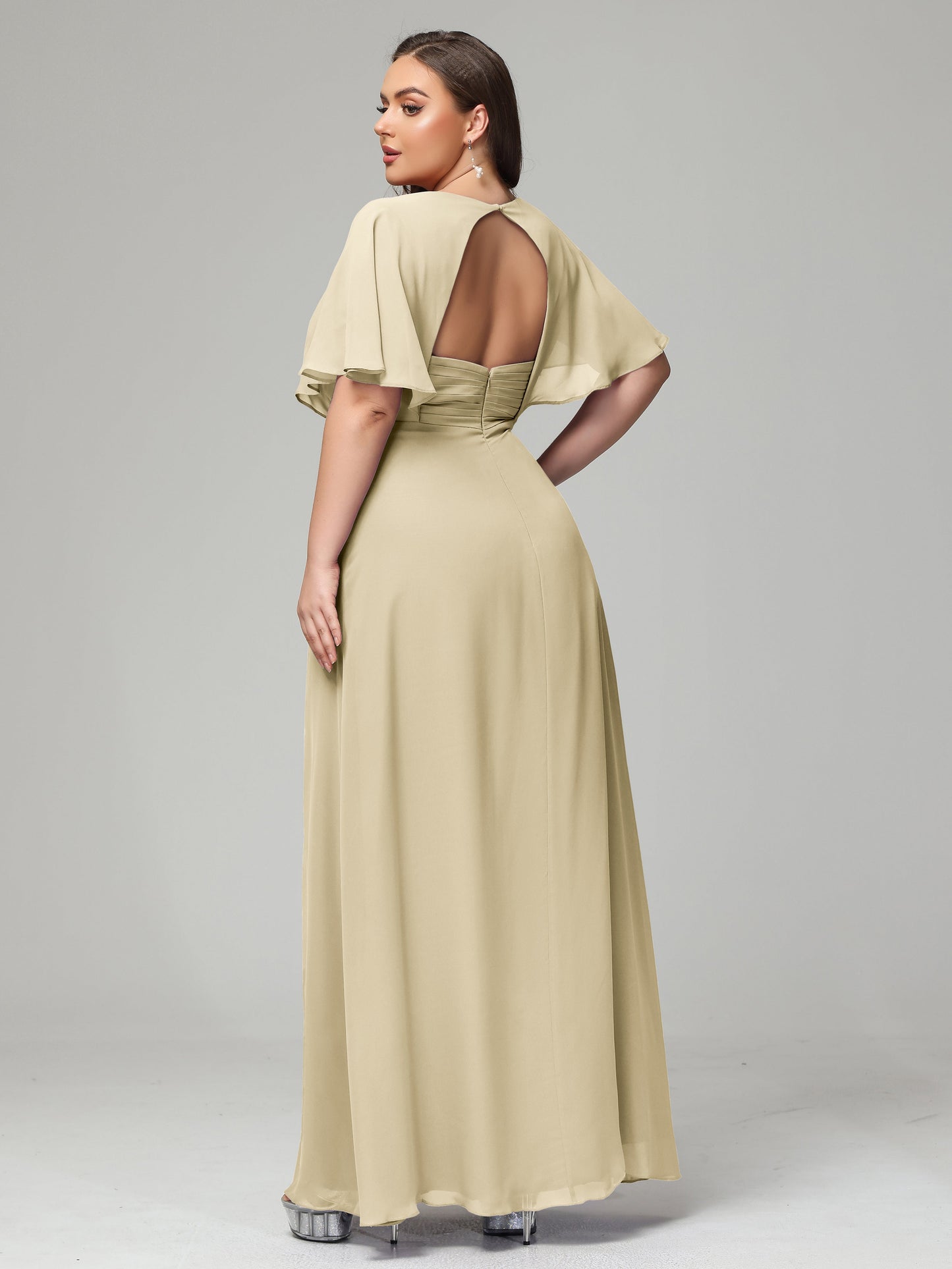 V-Neck Short Sleeves Plus Size Chiffon Bridesmaid Dresses