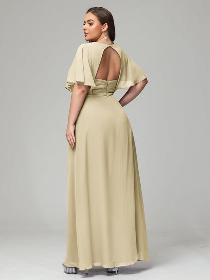 V-Neck Short Sleeves Plus Size Chiffon Bridesmaid Dresses