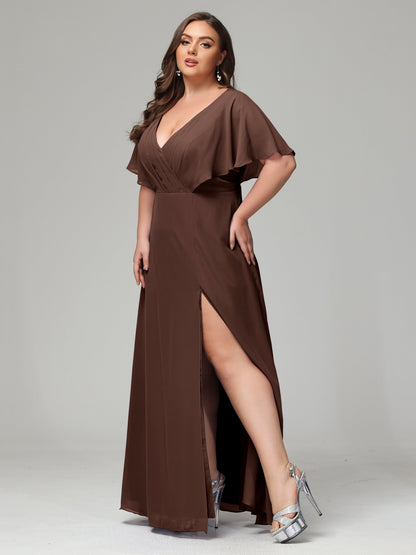 V-Neck Short Sleeves Plus Size Chiffon Bridesmaid Dresses