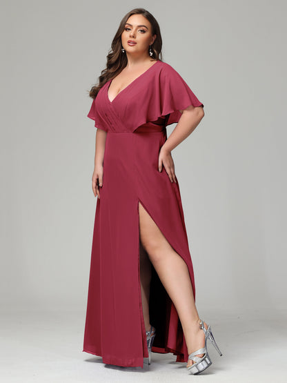 V-Neck Short Sleeves Plus Size Chiffon Bridesmaid Dresses