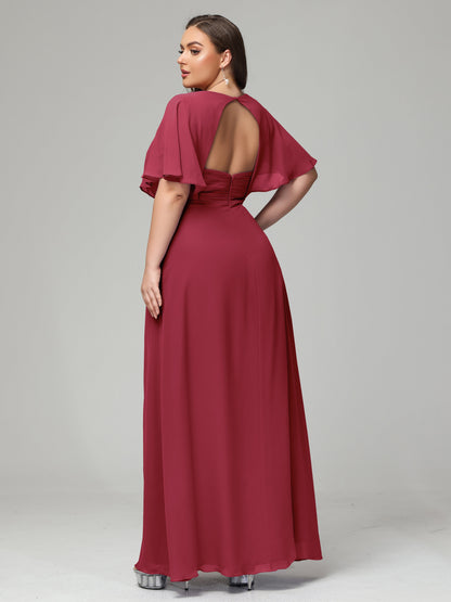 V-Neck Short Sleeves Plus Size Chiffon Bridesmaid Dresses