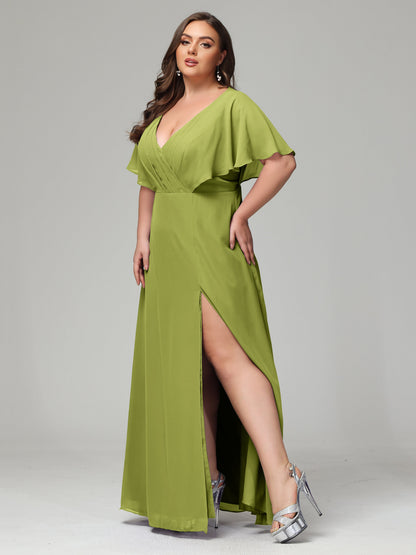 V-Neck Short Sleeves Plus Size Chiffon Bridesmaid Dresses