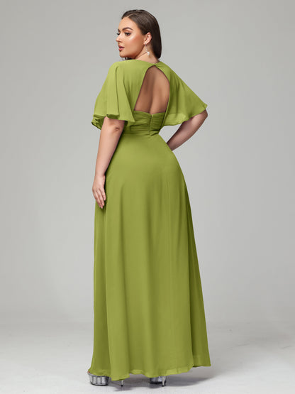 V-Neck Short Sleeves Plus Size Chiffon Bridesmaid Dresses