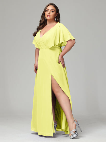 V-Neck Short Sleeves Plus Size Chiffon Bridesmaid Dresses