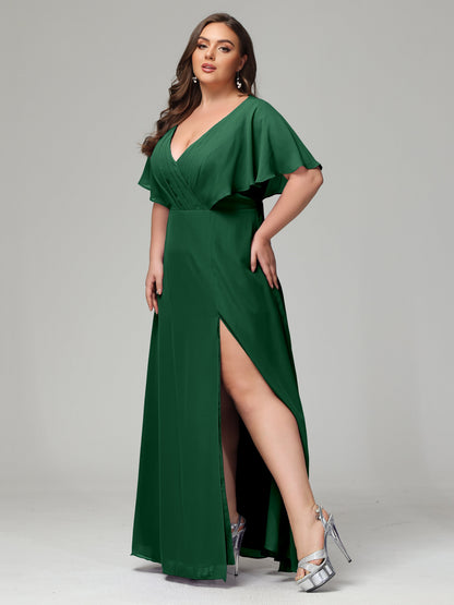V-Neck Short Sleeves Plus Size Chiffon Bridesmaid Dresses