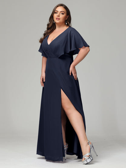 V-Neck Short Sleeves Plus Size Chiffon Bridesmaid Dresses