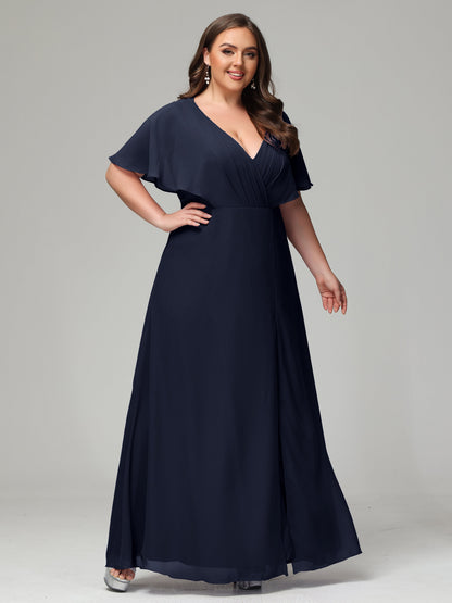 V-Neck Short Sleeves Plus Size Chiffon Bridesmaid Dresses