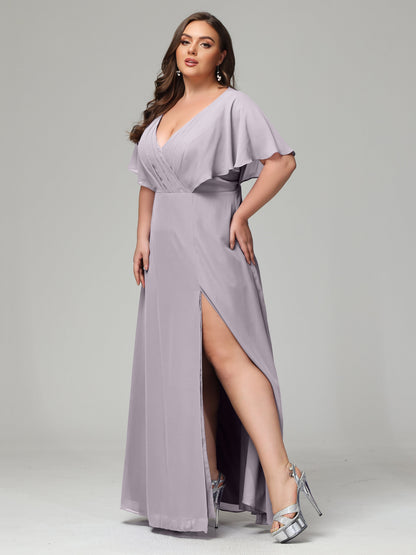 V-Neck Short Sleeves Plus Size Chiffon Bridesmaid Dresses