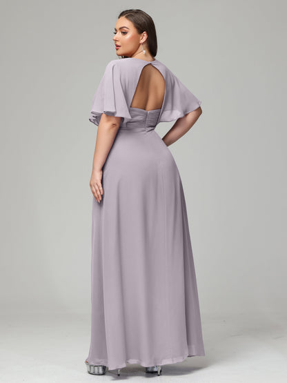 V-Neck Short Sleeves Plus Size Chiffon Bridesmaid Dresses