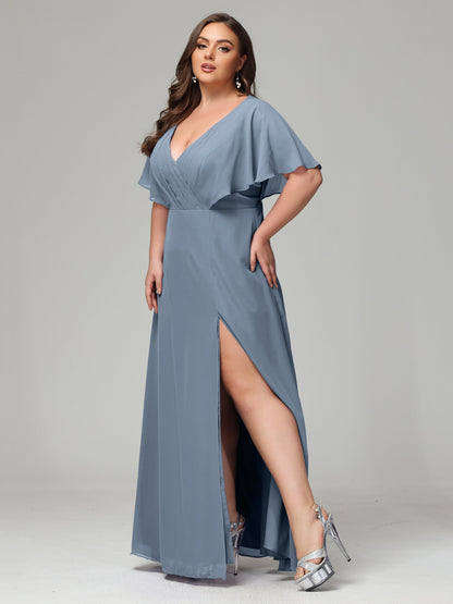 V-Neck Short Sleeves Plus Size Chiffon Bridesmaid Dresses