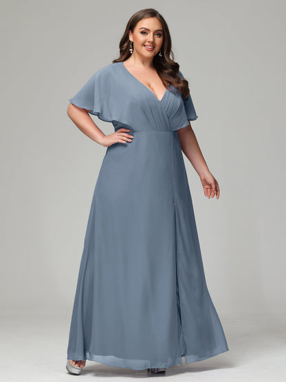 V-Neck Short Sleeves Plus Size Chiffon Bridesmaid Dresses
