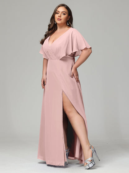 V-Neck Short Sleeves Plus Size Chiffon Bridesmaid Dresses