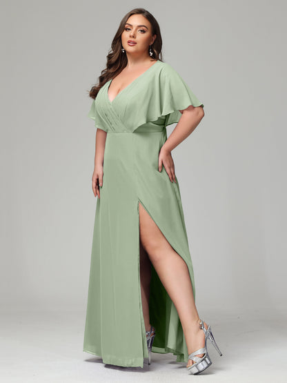 V-Neck Short Sleeves Plus Size Chiffon Bridesmaid Dresses
