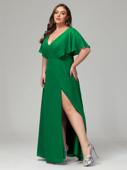 V-Neck Short Sleeves Plus Size Chiffon Bridesmaid Dresses