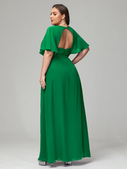 V-Neck Short Sleeves Plus Size Chiffon Bridesmaid Dresses