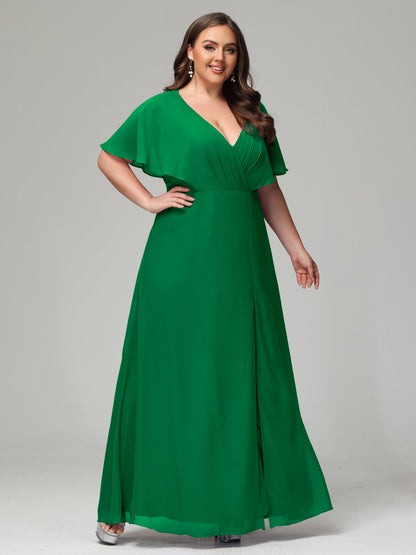 V-Neck Short Sleeves Plus Size Chiffon Bridesmaid Dresses