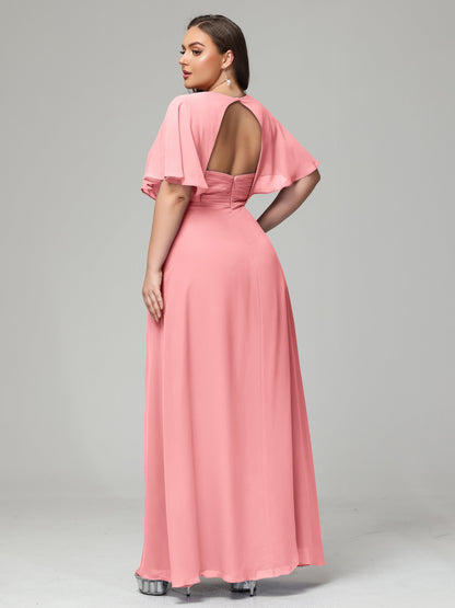 V-Neck Short Sleeves Plus Size Chiffon Bridesmaid Dresses