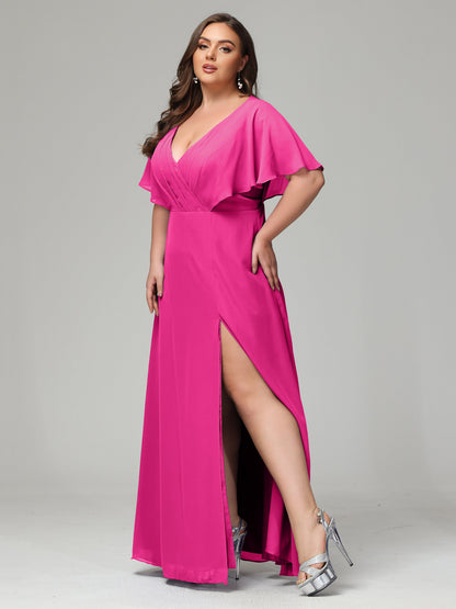V-Neck Short Sleeves Plus Size Chiffon Bridesmaid Dresses