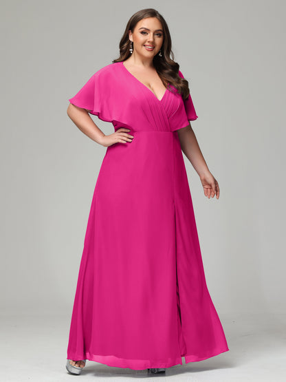 V-Neck Short Sleeves Plus Size Chiffon Bridesmaid Dresses