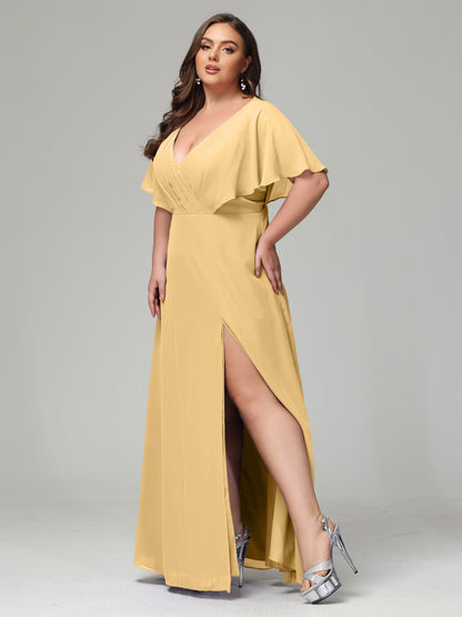 V-Neck Short Sleeves Plus Size Chiffon Bridesmaid Dresses