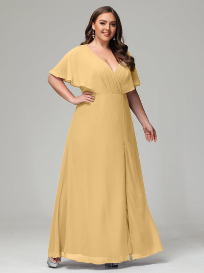 V-Neck Short Sleeves Plus Size Chiffon Bridesmaid Dresses
