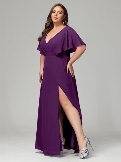 V-Neck Short Sleeves Plus Size Chiffon Bridesmaid Dresses