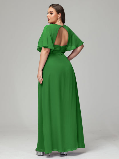 V-Neck Short Sleeves Plus Size Chiffon Bridesmaid Dresses