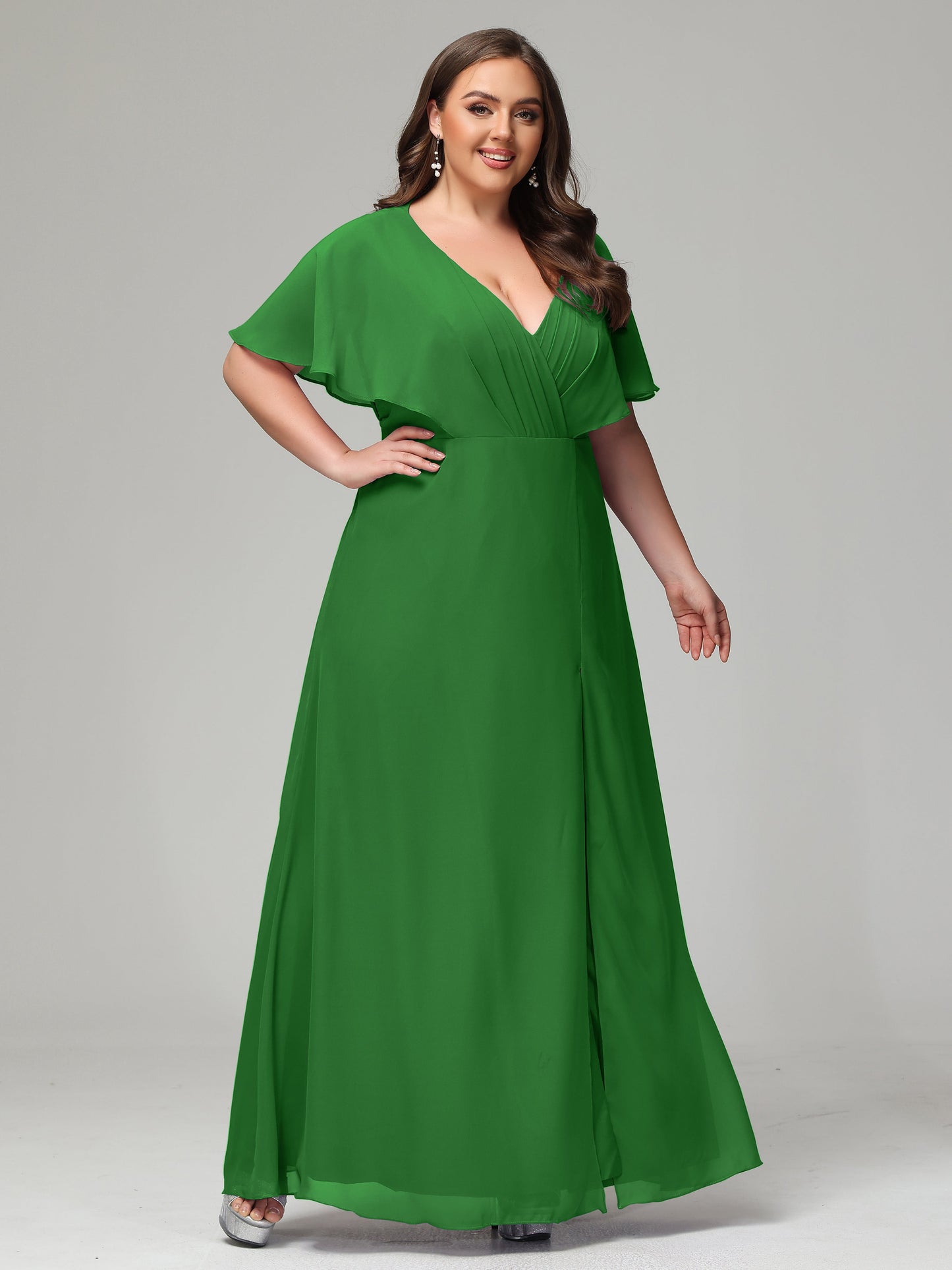 V-Neck Short Sleeves Plus Size Chiffon Bridesmaid Dresses