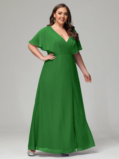 V-Neck Short Sleeves Plus Size Chiffon Bridesmaid Dresses