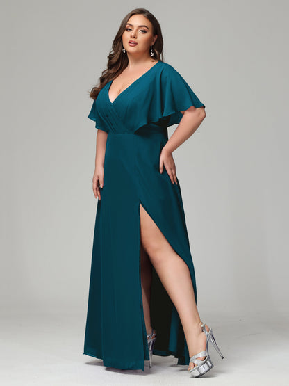 V-Neck Short Sleeves Plus Size Chiffon Bridesmaid Dresses