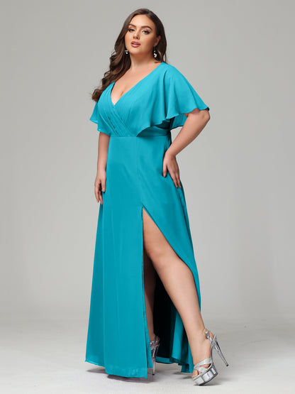 V-Neck Short Sleeves Plus Size Chiffon Bridesmaid Dresses